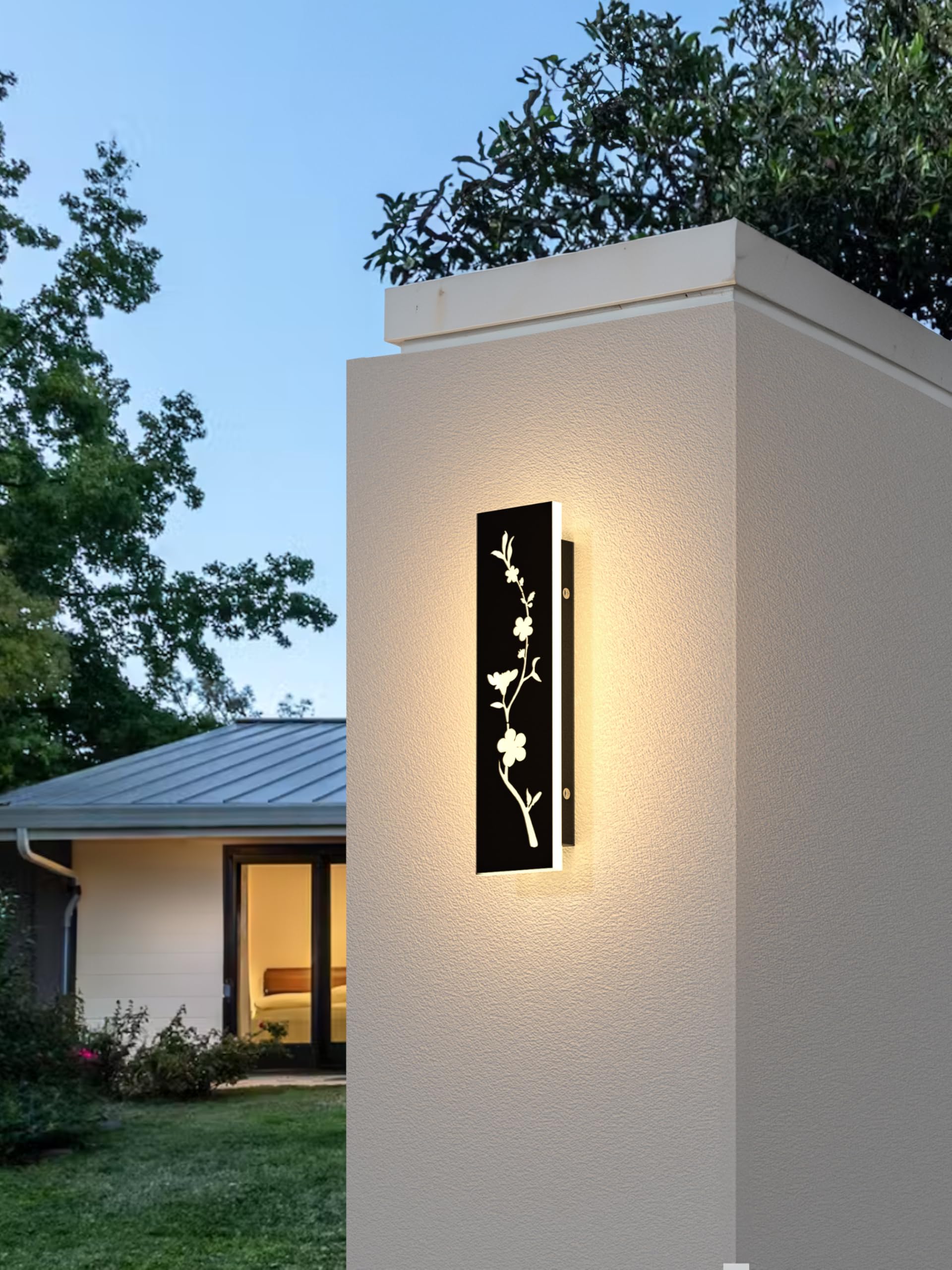 Led Long Wall Light Black 30cm Outdoor Wall Light 12W IP67 Waterproof Villa Wall Lamp 3000K Peach Blossom Design Long Wall Lights Outdoor Walls Gardens Porch Stairs Terraces Lighting