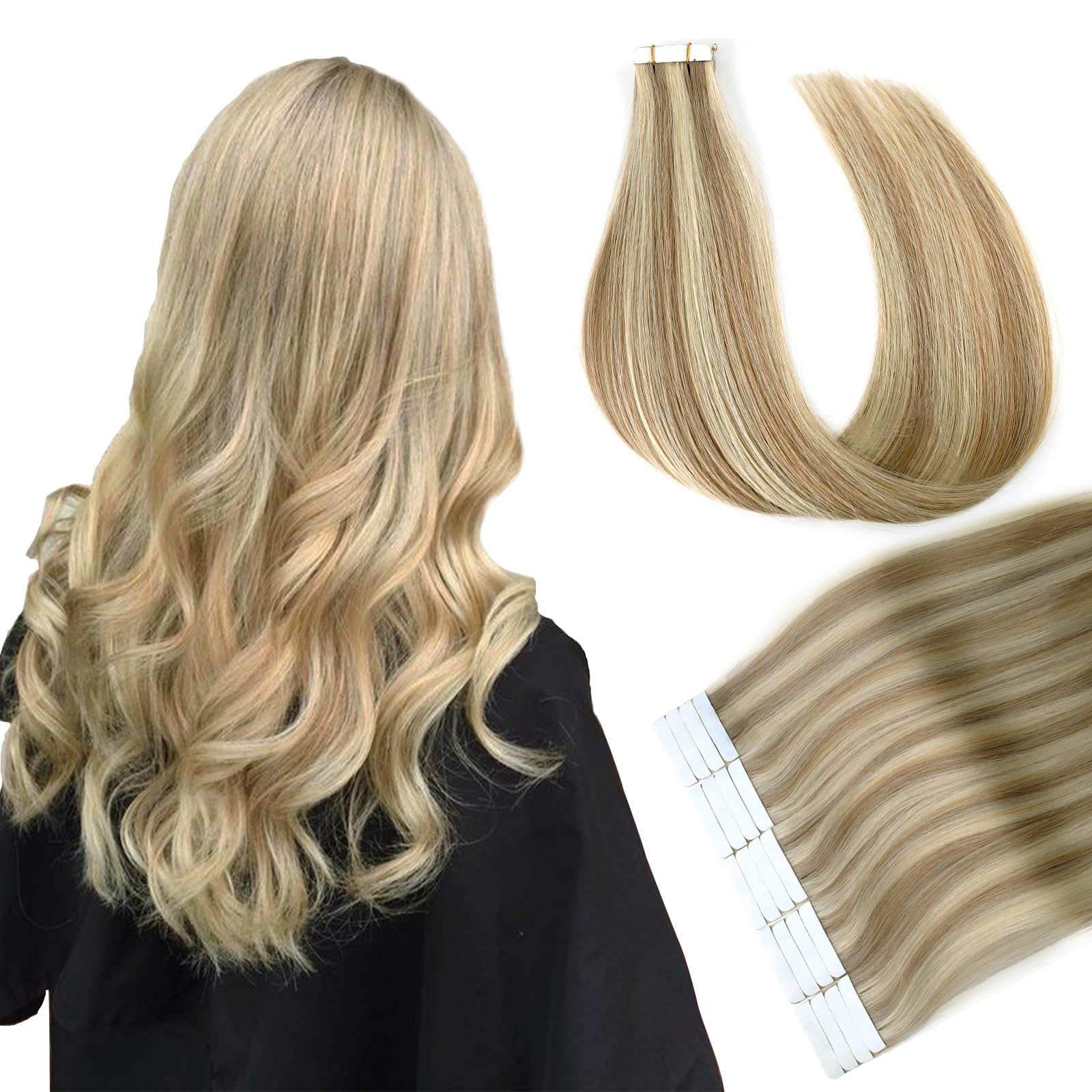 ABH AmazingBeauty Hair Sun kissed Highlight Hair Remy Tape in Hair Extensions Skin Weft, Invisible, Ash Brown with Platinum Blonde Highlights P8-60, 50g 20pcs 14 Inches — image 1