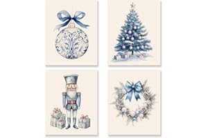 KSDUT Blue Christmas Wall Art Decor Set of 4 - Trendy Winter Holiday Artwork Poster Retro Preppy Blue Xmas Wall Decor for Home Bedroom Living Room Decorations - 8"x10" Unframed