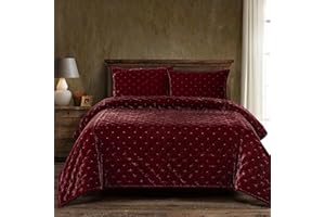 H HIEND ACCENTS HiEnd Accents Stella Faux Silk Velvet Quilt, Twin Size, Garnet Red Solid Color, Romantic Modern Western Traditional Style Luxury Bedding