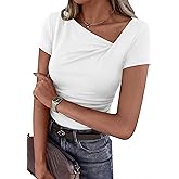 PRETTYGARDEN Women's 2026 Summer Asymmetrical Y2K Tops Trendy Ribbed Short Sleeve Fitted Tee Shirts Spring Fashion Clothing