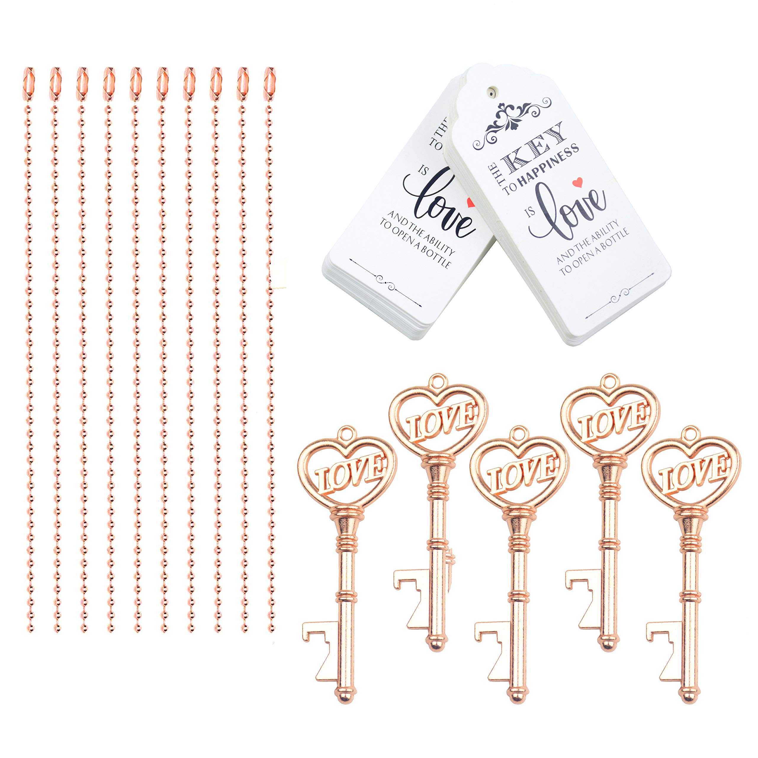 Aokbean 52pcs Love Heart Vintage Skeleton Key Bottle Opener Party Favor Wedding Favor Guest Souvenir Gift Set with Escort Thank You Tag Card and Keychain (Rose Gold)