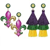 2 Pairs Mardi Gras Halloween Thanksgiving Earrings for Women Beaded Glitter Mask MARDI GRAS Fleur de Lis Earrings Tassel Dangle Fat Tuesday Carnival Parade Jewelry Gifts