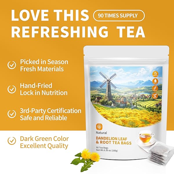 DANDELION LEAF & ROOT TEA BAGS WITH 90 COUNT – SUPPORTS KIDNEY & LUNG FUNCTION, HEALTHY HERBAL TEA – CAFFEINE FREE.