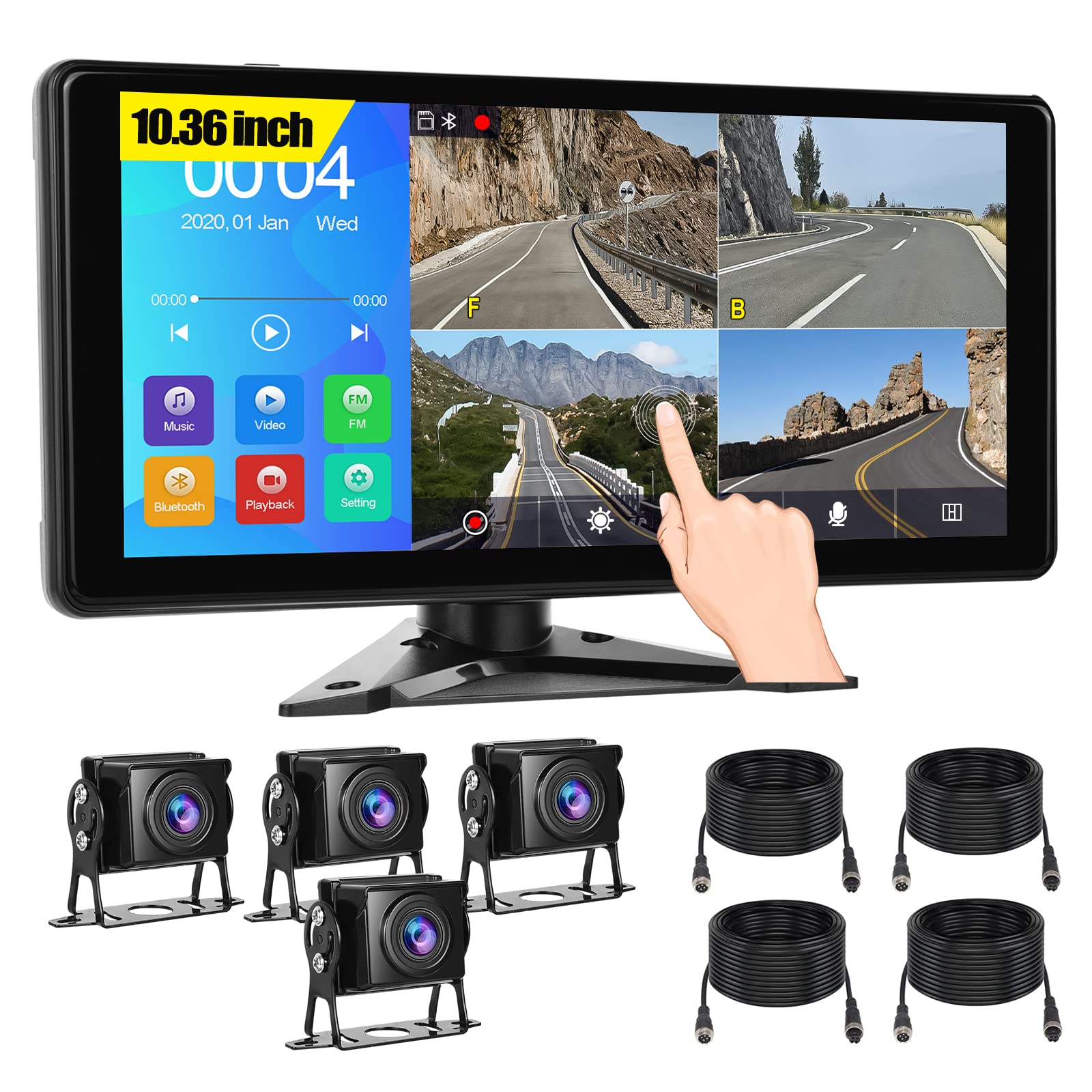 CAMECHO Reversing Camera 10.36 Inch IPS Monitor Kit 4 Split Screen AHD Reverse Camera Waterproof Night Vision DVR Video Recording IP67 Waterproof Camera 12V-36V for Truck/RV/Bus Camper