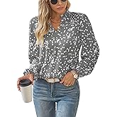 Falechay Women's Dressy Casual V Neck Smocked Long Sleeve Floral Print Chiffon Blouses Bohemian Business Tops