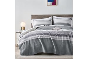 KAKIJUMN Full/Queen Quilt Bedding Set, White and Grey Patchwork Striped Quilt Set, 2 Pieces Soft Lightweight Bedspread Coverlet Set with 1 Pillow Sham(Light Grey,Queen)