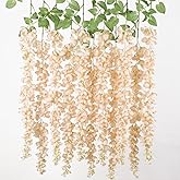 mizii 6Pcs Beige Wisteria Hanging Flowers 48" Silk Wisteria Artificial Flowers Garland Vines Fake Hanging Flowers Decoration for Wedding Flower Wall Backdrop Centerpieces Party Room Decor (Beige)