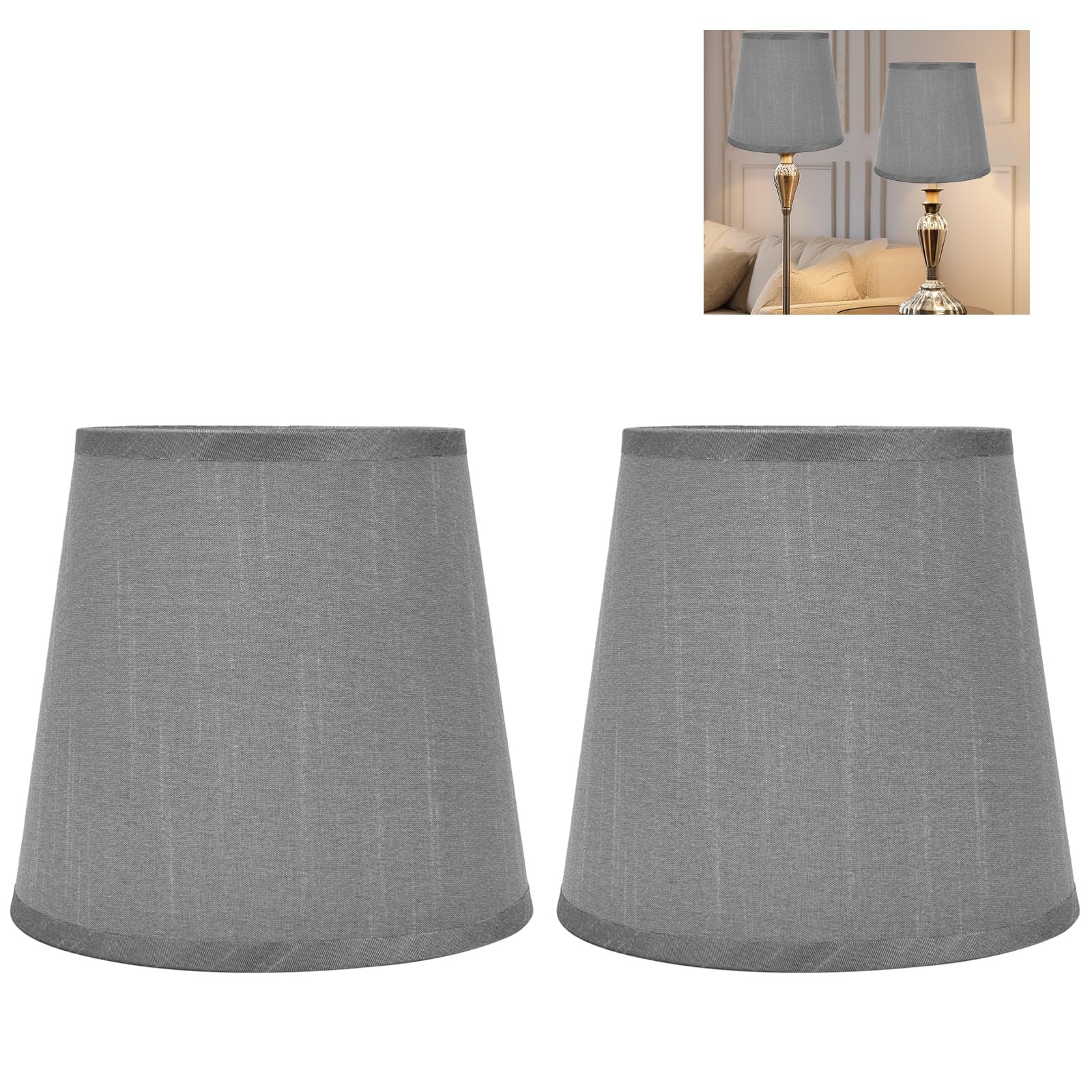 GAESHOW 2 Pcs Lampshades - Gray Fabric Light Shades, 6" E14 Screw, Tapered Drum Shades for Table, Floor, Chandeliers, Wall Lamps