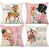 KACOPOL Pink Christmas Decorations Pillow Covers 18×18 Set of 4 Snowflake Santa Snowman Deer Bird Candy Cane Xmas Winter Holiday Throw Pillows Christmas Decor Cushion Cases K031 (18"x18", Pink)