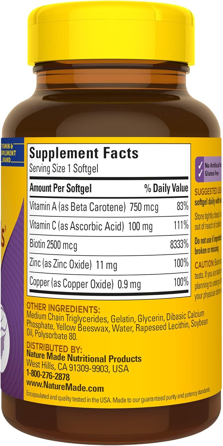 Nature Made Hair, Skin & Nails with 2500 mcg of Biotin Softgels, 60 Count for Supporting Healthy Hair, Skin and Nails† (Packaging May Vary): Health & Personal Care