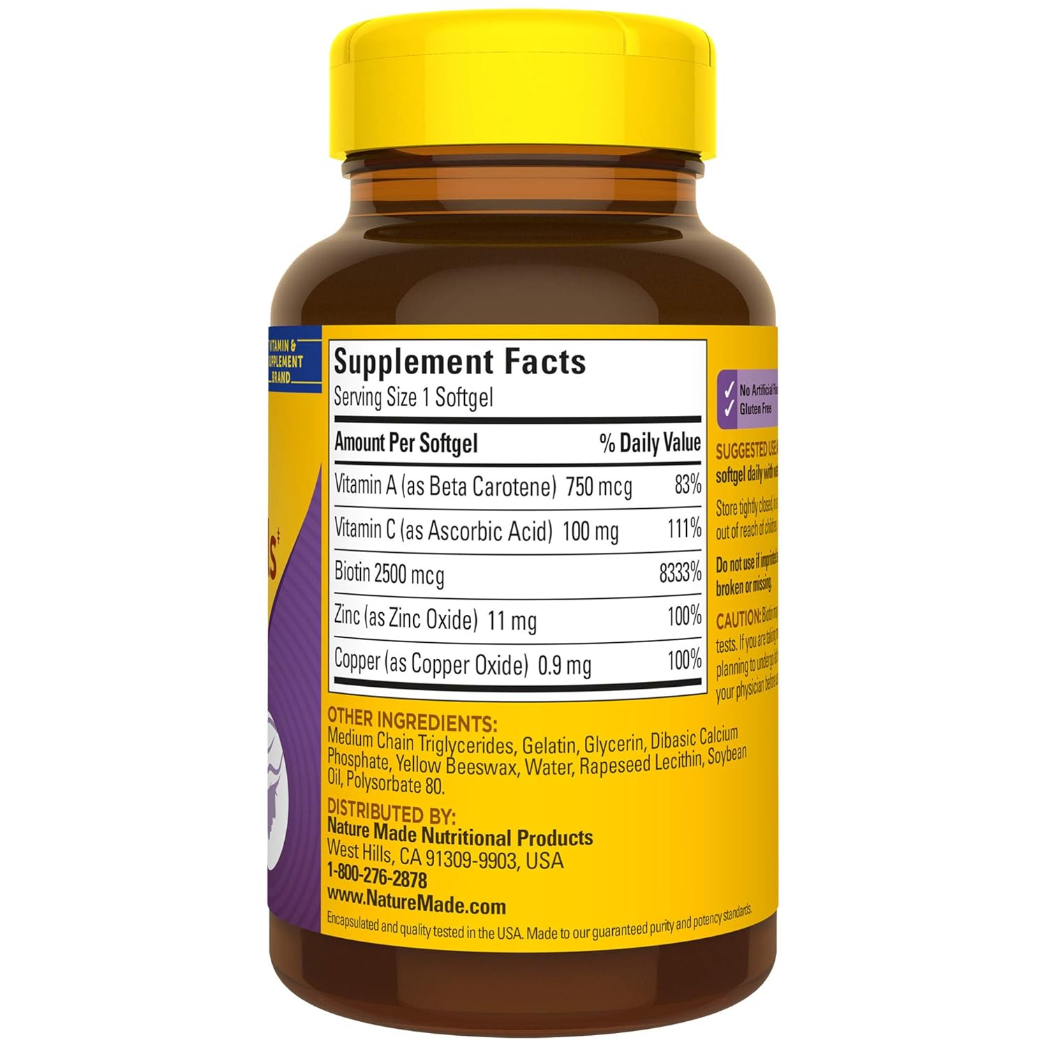 Nature Made Hair, Skin & Nails with 2500 mcg of Biotin Softgels, 60 Count for Supporting Healthy Hair, Skin and Nails† (Packaging May Vary): Prime Pantry