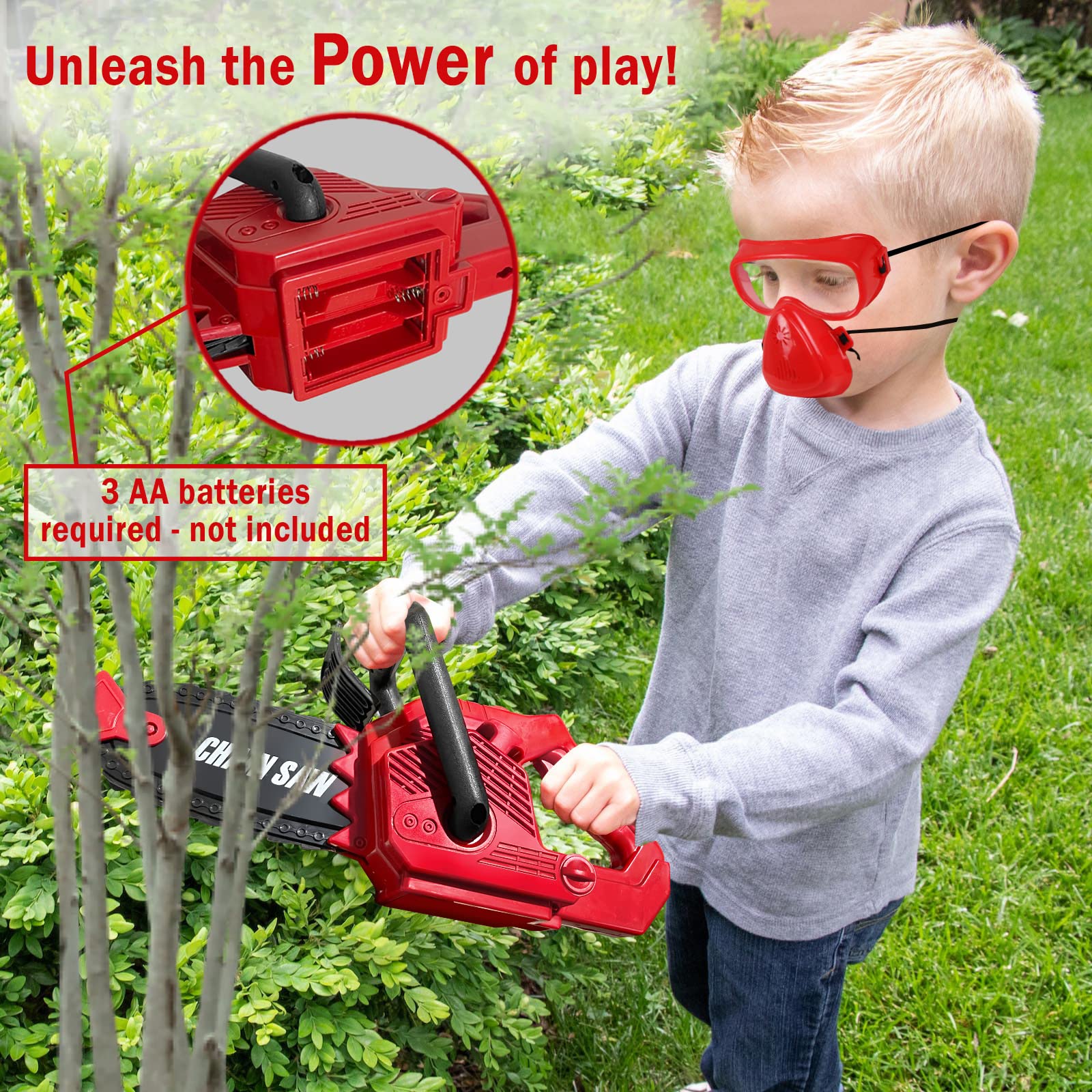 Kids Toy Chainsaw with Sound | Toddler Landscaping Gardening Tools and Equipment | Includes Safety Goggles Mask and Earmuffs