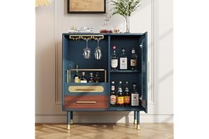 DIBRATY Modern Coffee Bar Cabinet with Wine Glass Rack and Drawers, Black Liquor Cabinet with Pull-Out Wine Storage for Kitch