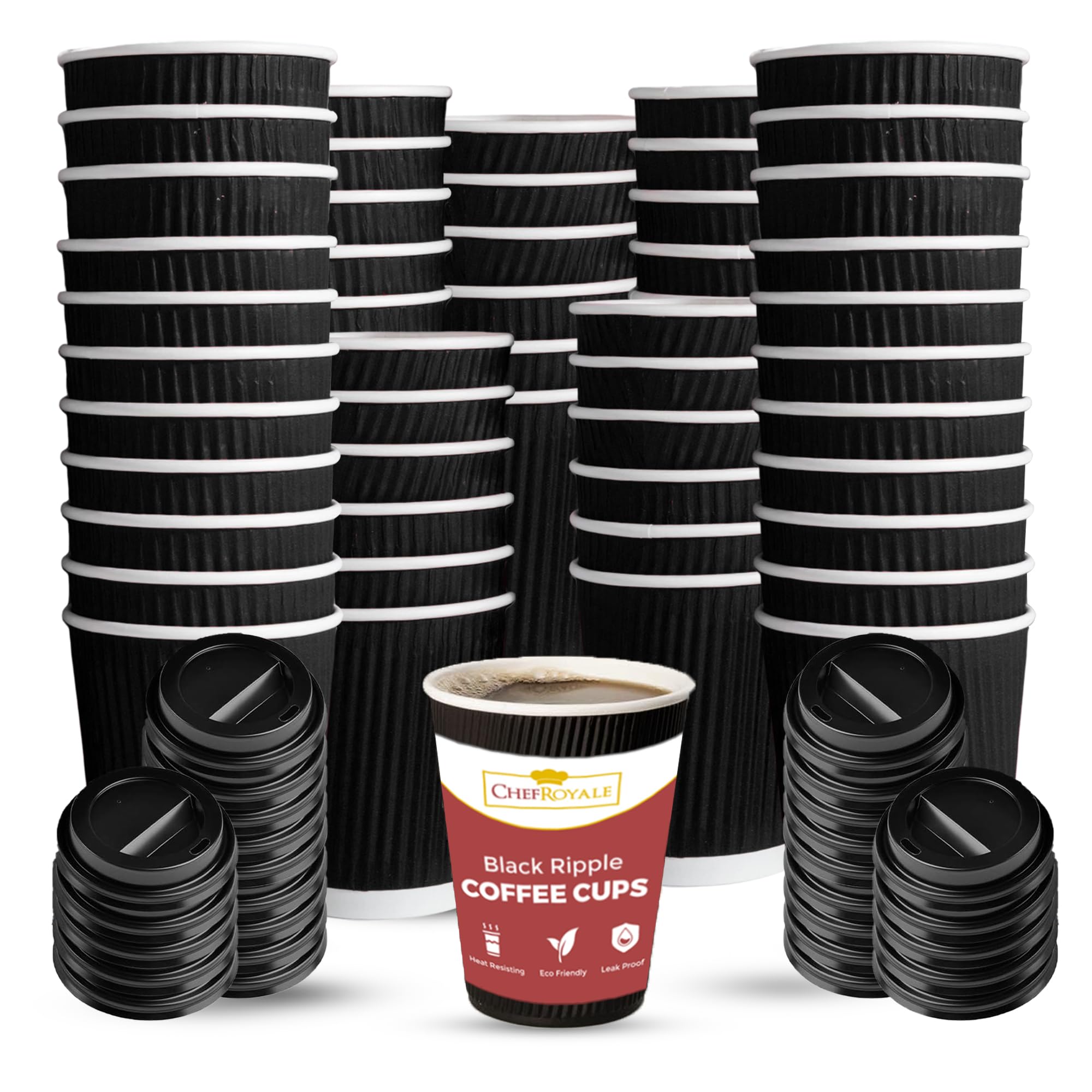 CHEF ROYALE 50x 8oz Black Ripple Disposable Coffee Cups with Lids - Insulated Triple Walled Takeaway Coffee Cups - Disposable Cups for Hot and Cold Drinks for Christmas, Birthdays Parties (50, 8oz)