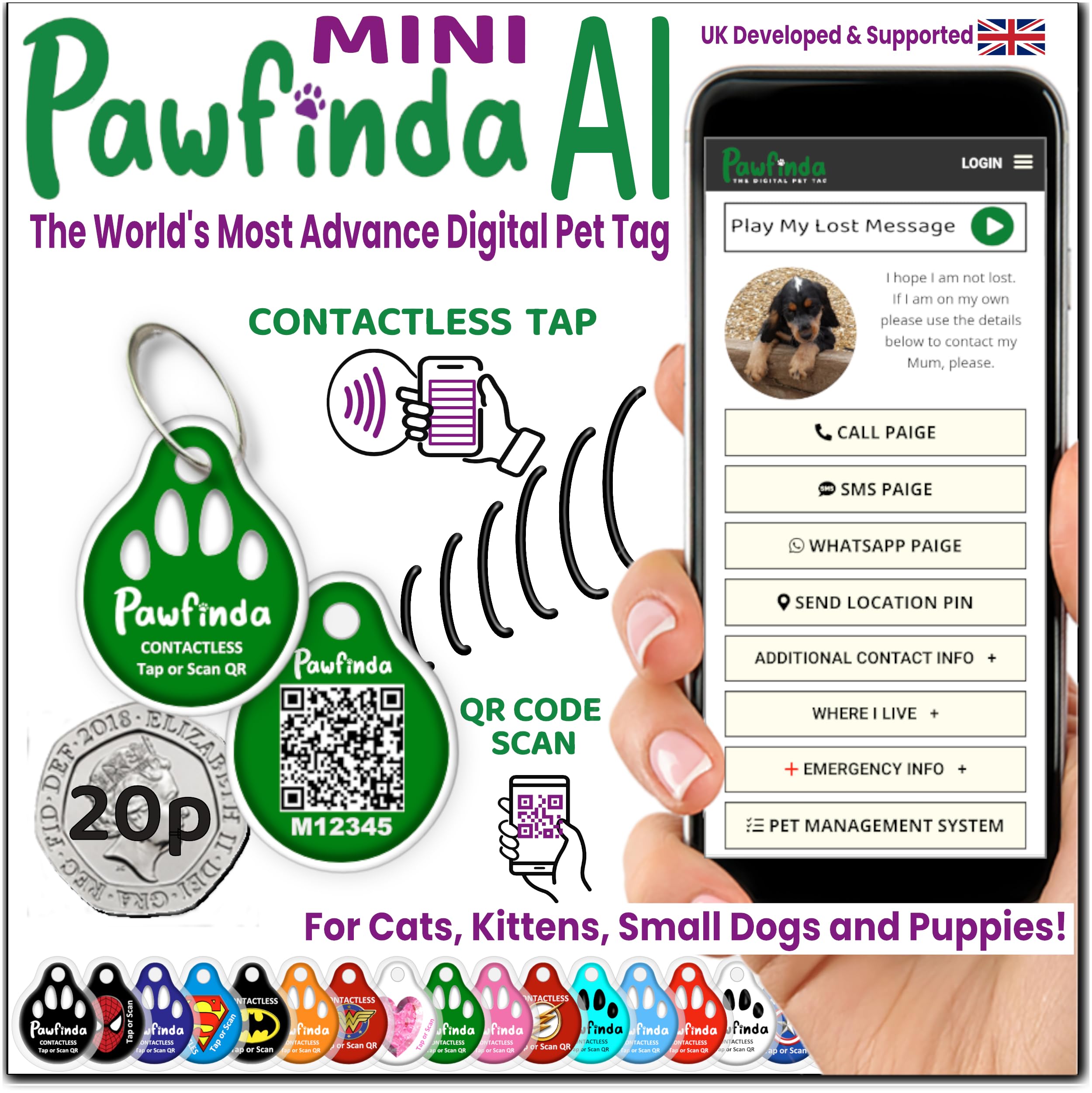 PAWFINDA – Next-Generation Personalised Cat & Dog ID Tag | Engraved Pet Tag with CONTACTLESS NFC, QR Code Technology & PawVoice AI | No App Required | Waterproof & Durable | UK-Based Support