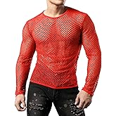 JOGAL Men's Mesh Fishnet Fitted Long Sleeve Muscle Top