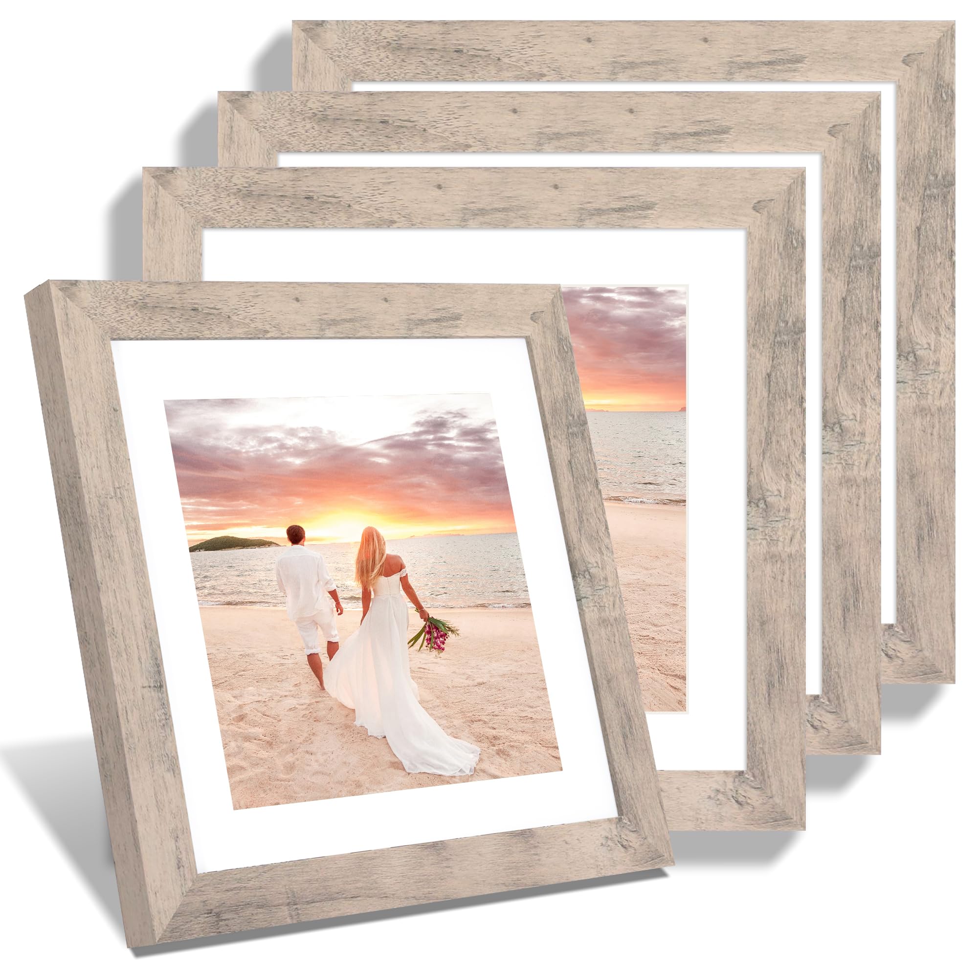 Photo 1 of iRahmen 10x10 Picture Frame Set of 4 with High Definition Glass, Smoke Gray Frames Display 8x8 Picture with Mat or 10 x 10 Without Mat, Wood Square Photo Frame for Wall Mount and Tabletop Display