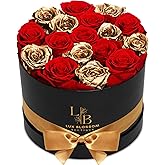 LUX BLOSSOM BOUTIQUE 17 Forever Roses in a Box - Luxury Red & Gold Roses, Gold Roses, Preserved Rose Gifts for Women, Forever Flowers Gifts for Wife, Roses for Delivery Prime (Black Box)
