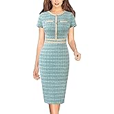 VFSHOW Womens Crew Neck Button Business Work Office Bodycon Dress Short Sleeve Patchwork Tweed Trim Party Pencil Sheath Dress
