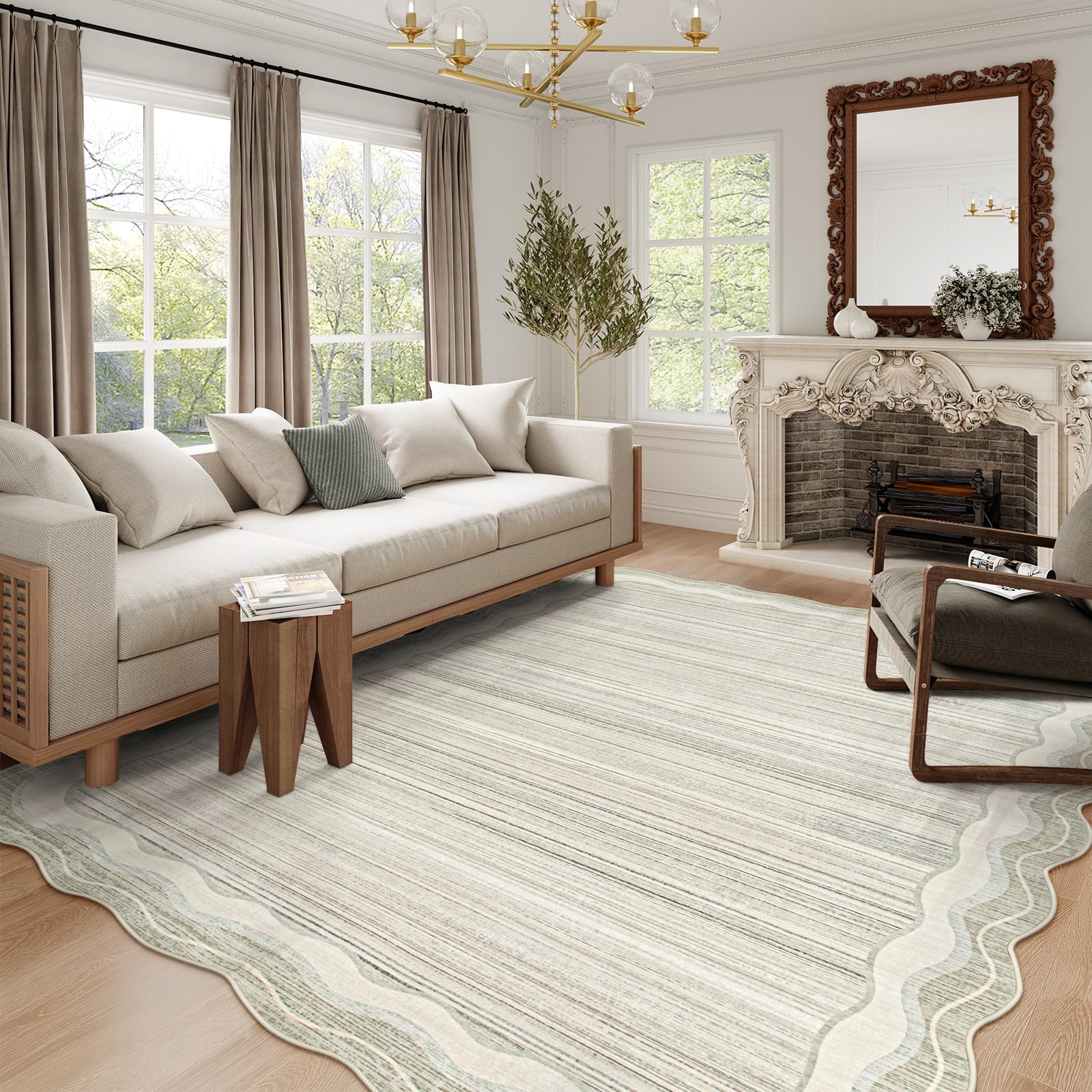 Photo 1 of Lahome Scalloped Modern Area Rugs 8x10 Large Rugs for Living Room,Non-Slip Dining Room Rugs for Under Table,Abstract Minimalist Soft Washable Low-Pile Throw Carpet for Bedroom Home Office(Beige,8x10)