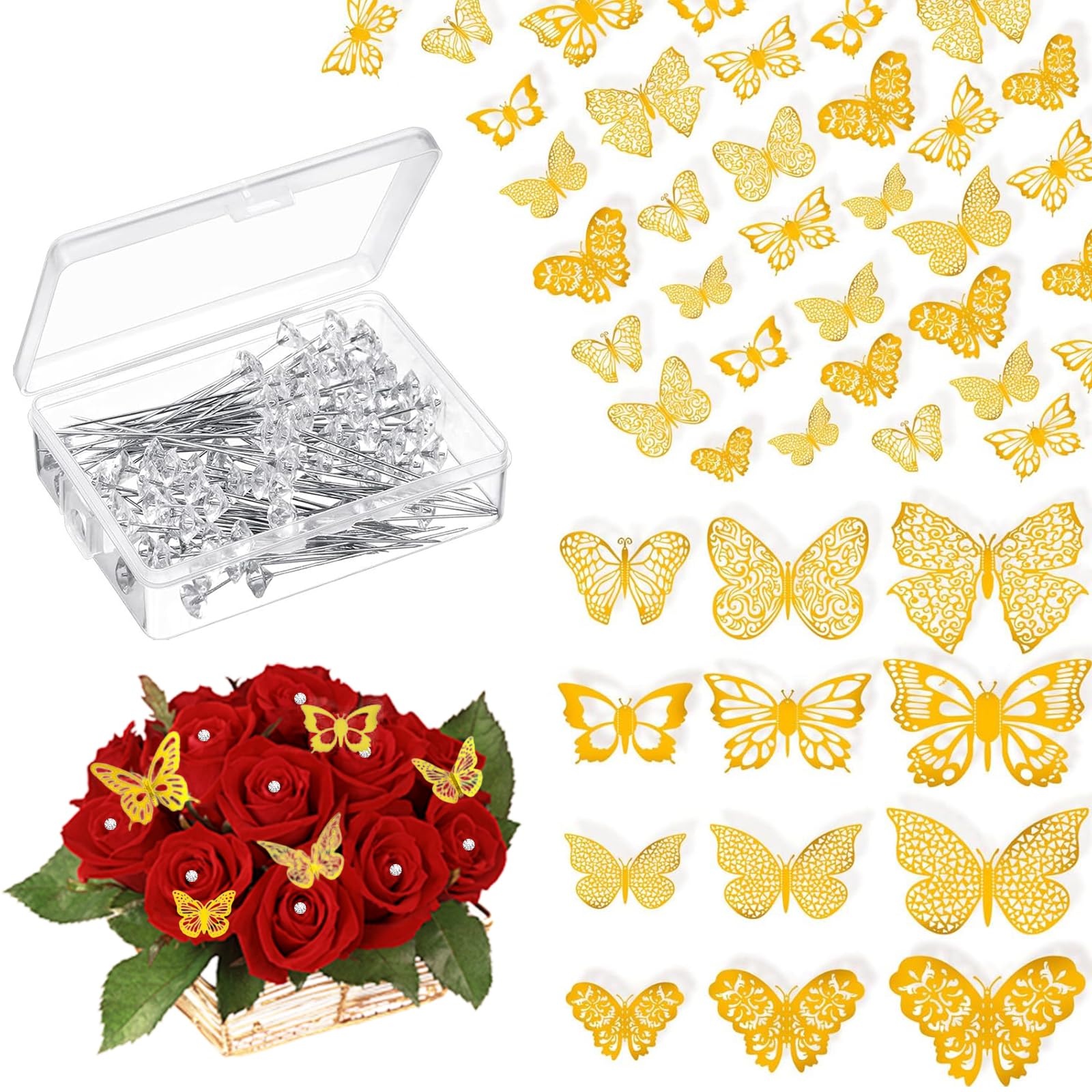 Photo 1 of JXITON 148pcs Flower Bouquet Accessories 3D Gold Butterfly Sticker and Diamond Corsages Pins for Mother's Day Floral Arrangement Valentines Wedding Birthday Party