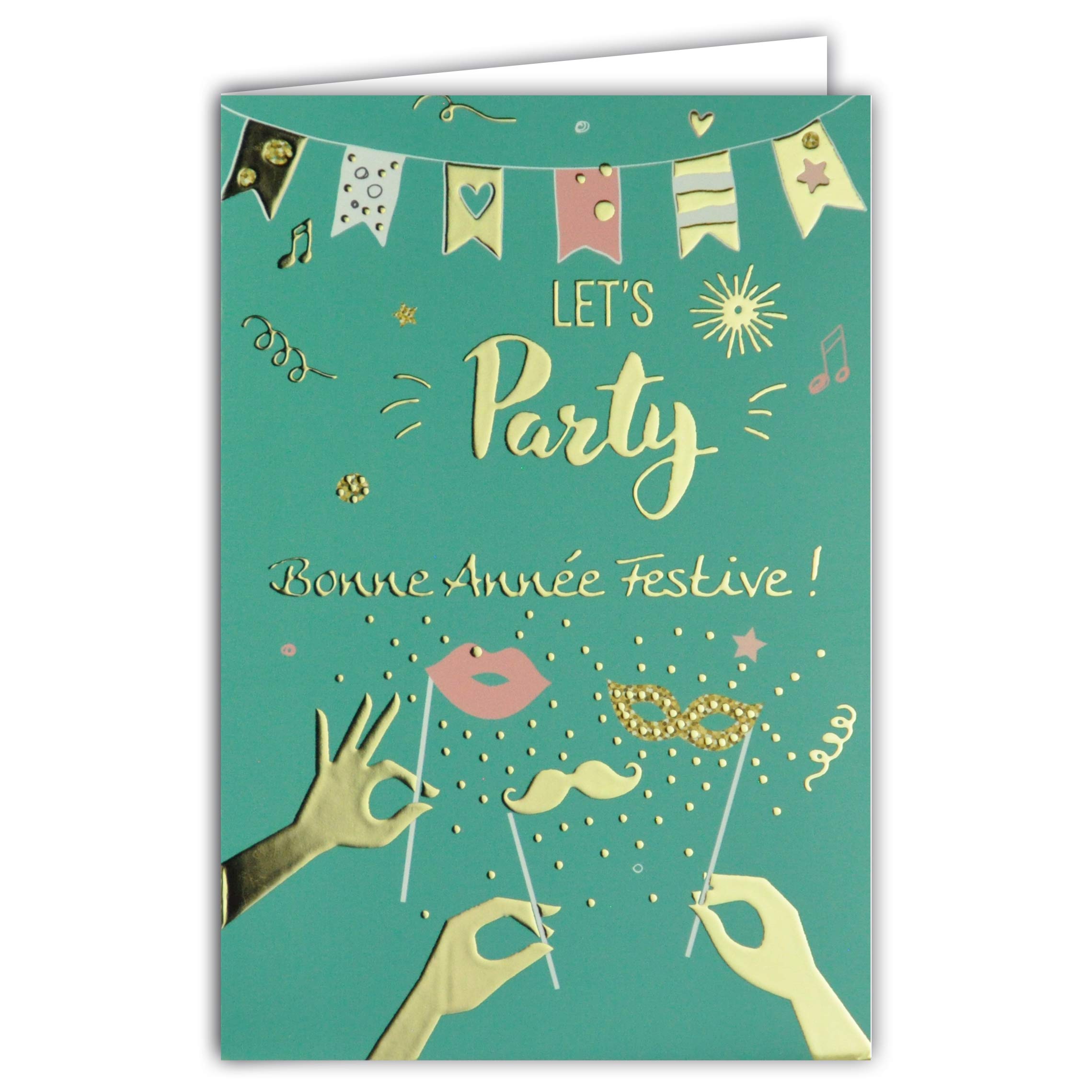 Let's Party Happy Birthday Card Bunting Flags Banner Moustache Mask Photobooth Party Accessories Gold Gilt