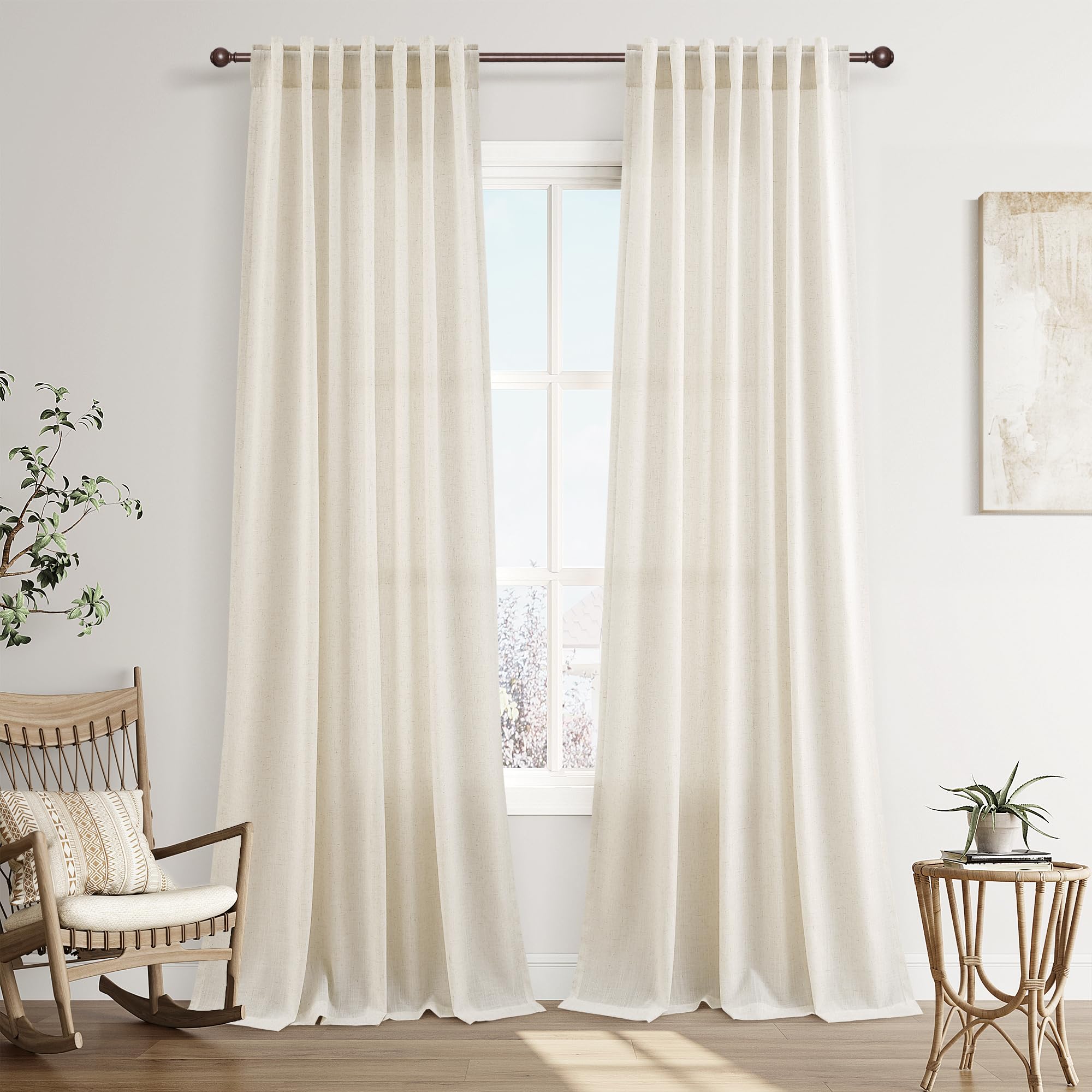 Photo 1 of Joywell Natural Back Tab Linen Curtains 100 Inches Long 2 Panels for Living Room Bedroom Neutral Boho Farmhouse Rustic Light Filtering Semi Sheer Curtains Window Treatment 52x100