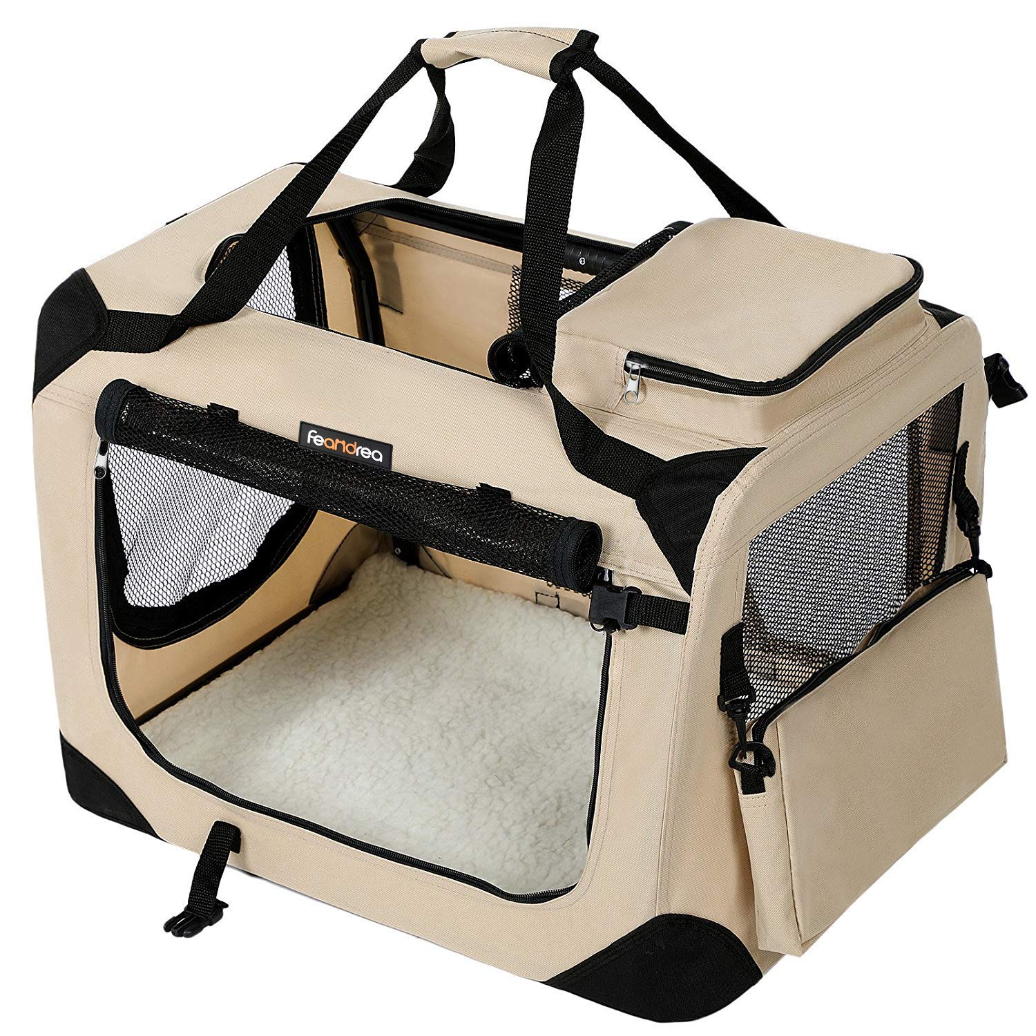 FEANDREA Dog Carrier, Folding Fabric Pet Carrier, 102 x 69 x 69 cm, Beige