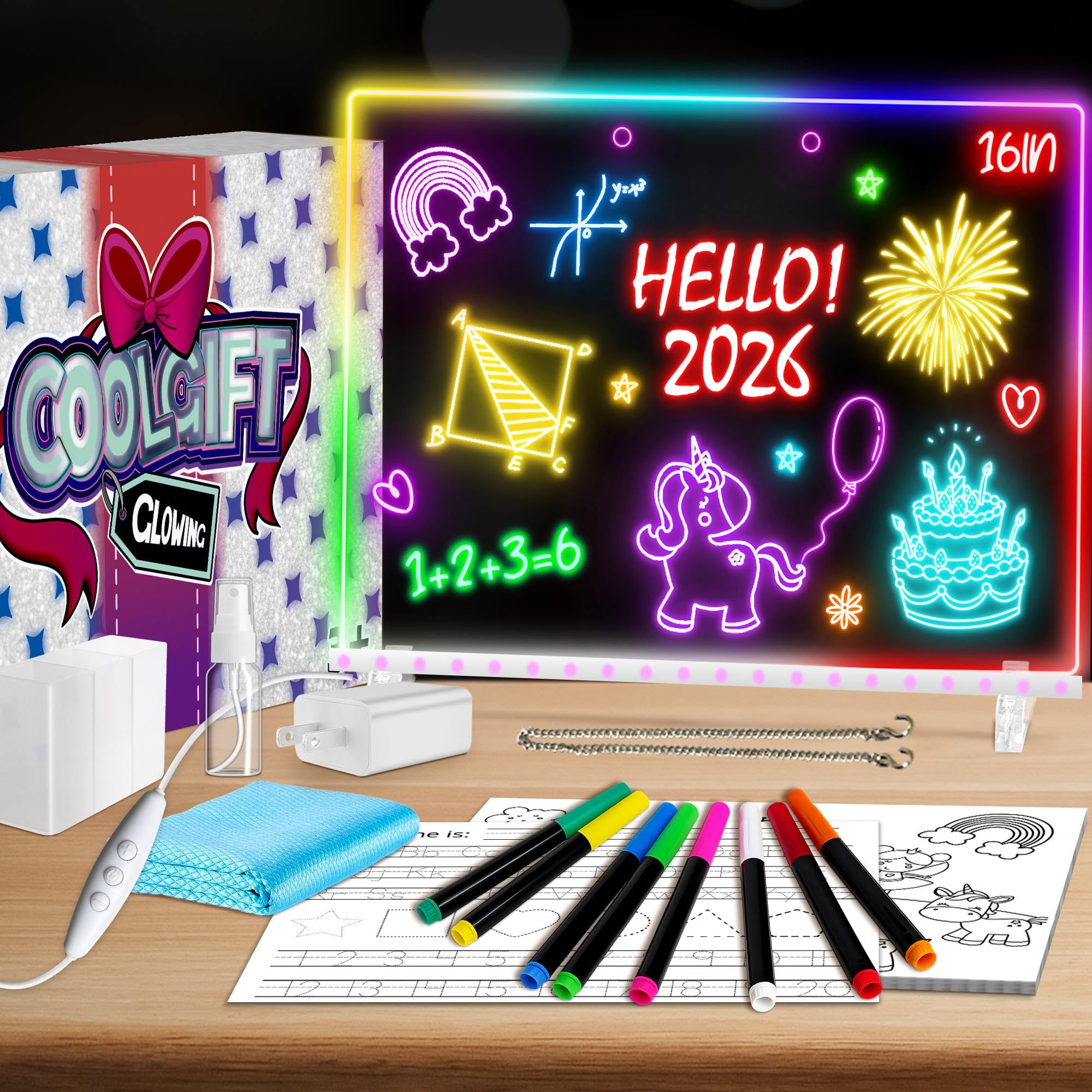 Photo 1 of 16" Led Drawing Board for Kids with 18 Tracing Pages - 4 Modes & Acrylic Led Note Board with 7 Colors, Light up Magic Boards for Art Kit, Birthday & Christmas Gifts for Teenage Girls & Boys, 39PCS