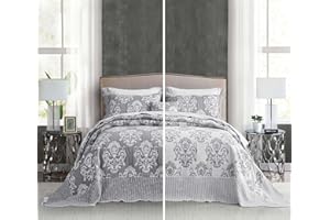 HZ & HY Oversized King Bedspread 128x120 Extra Wide, Jacquard Matelasse Damask Pattern Design, Lightweight, Reversible, 5 Piece, 100% Microfiber, Grey