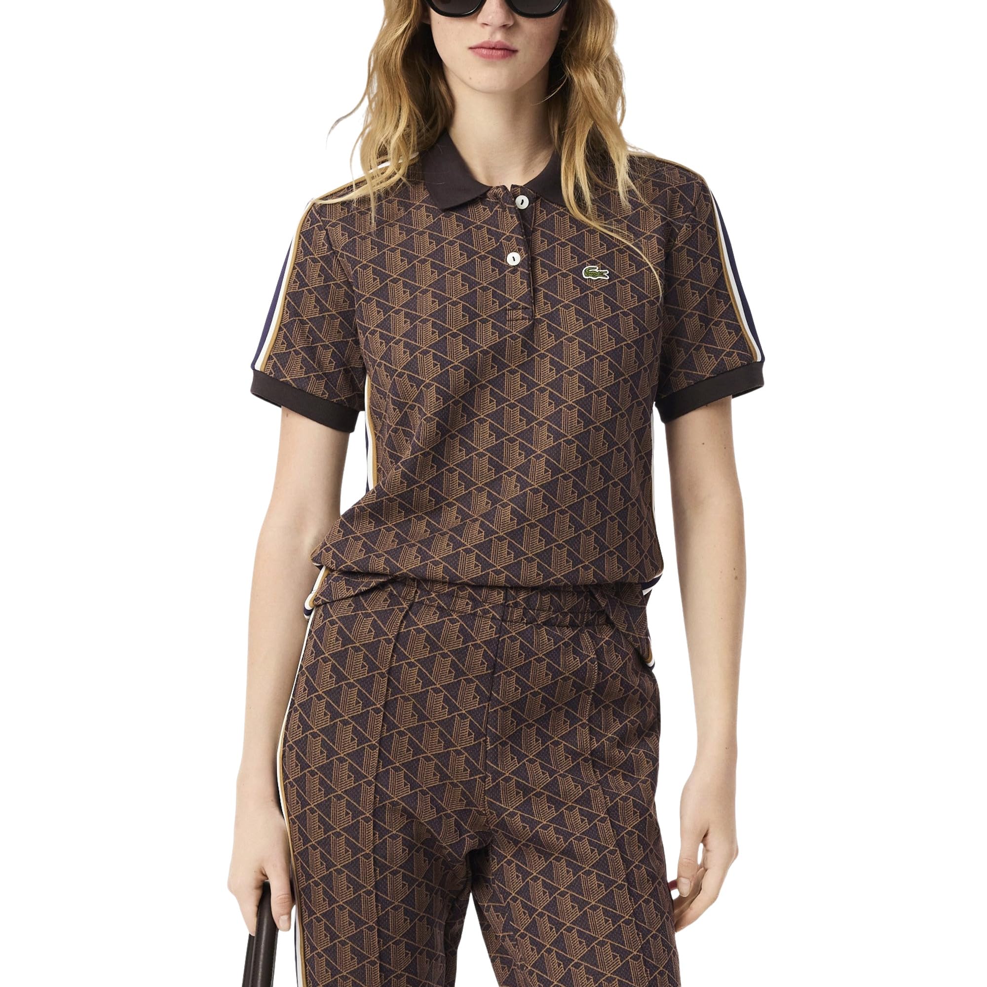 Lacoste Women’s Slim Fit Monogram Jacquard Polo Shirt, Velvet/Date Brown, 10