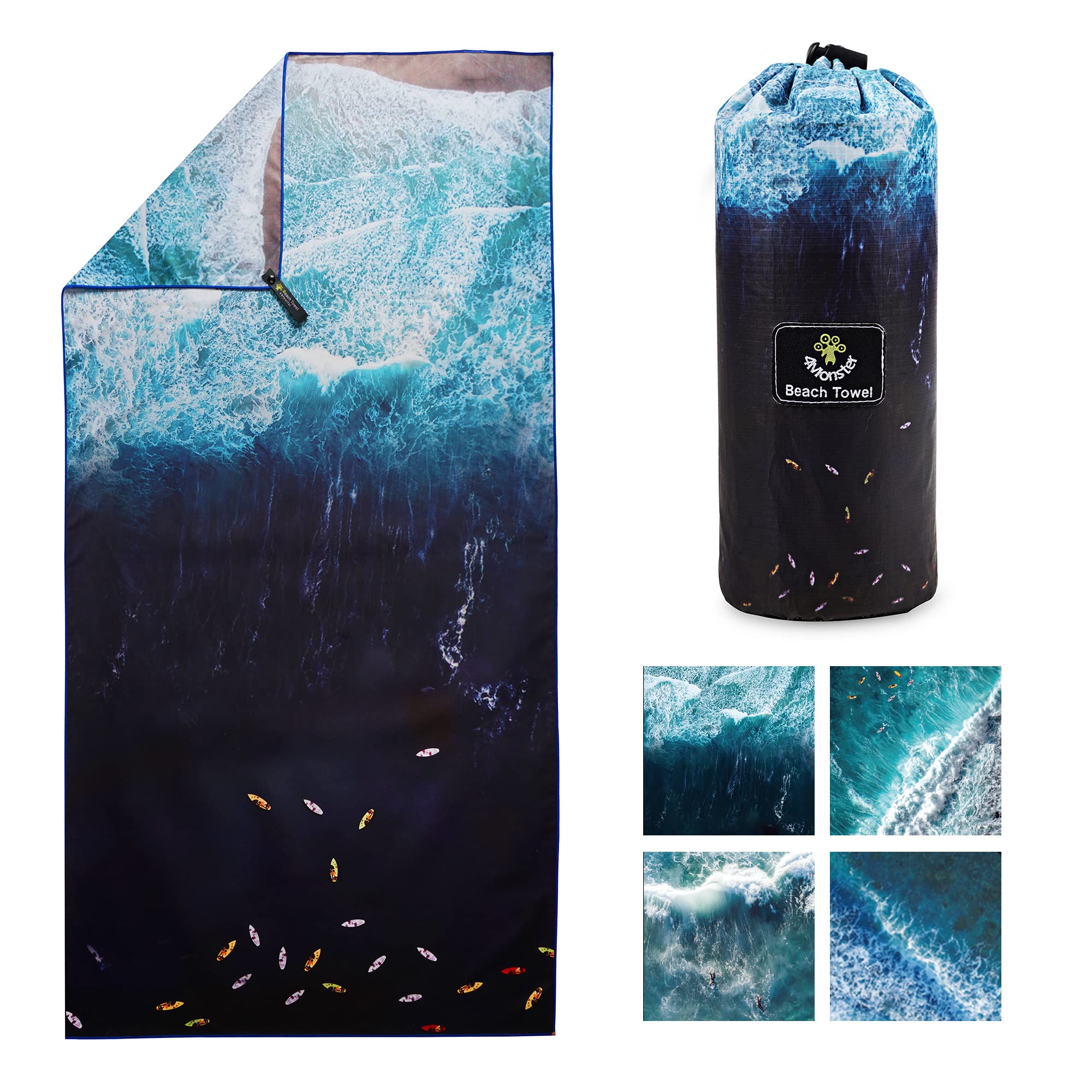 4Monster Microfiber Beach Towel with carry bag Sand Proof Travel Towel Quick Dry Lightweight Towel for Hiking Yoga Gym Sports Swimming Camping Fitness Bath