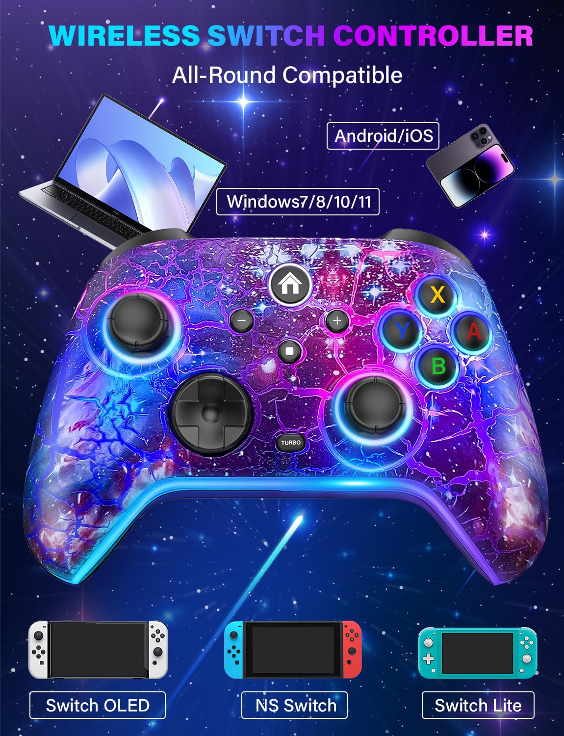Wireless Switch Pro Controller - Compatible with Nitendo Switch/OLED/Lite, 1200mAh Rechargeable Switch Controllers with 8 Colors LED & Cool Nebula Design, Wake Up, Turbo, Vibration, Motion Control