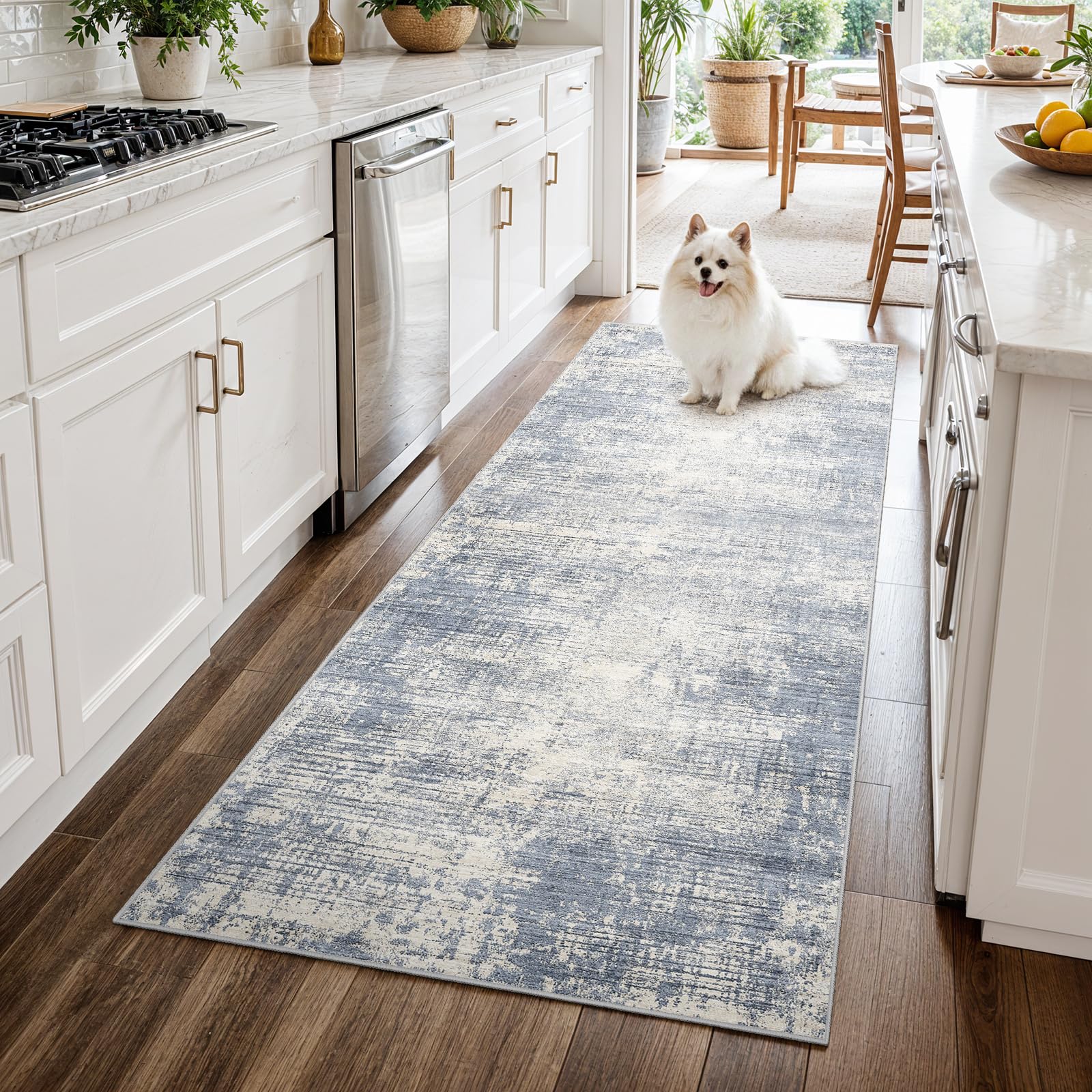 Photo 1 of 3x6 Hallway Washable Runner Rug - Non-Slip Kitchen Rugs with Rubber Backing Abstract Neutral Low-Pile Carpet Runners for Laundry Room Home Decor Bedroom Bathroom Entryway (Blue,3x6)