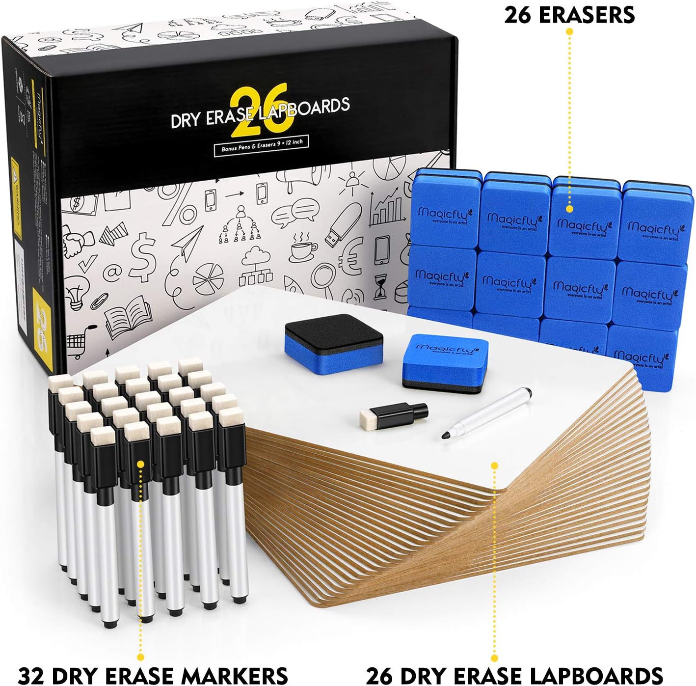 Dry Erase Lap Boards Double-Sided for Classroom, Pack of 26, Magicfly 9 x 12 Inches Small Lap Board Portable Classroom Whiteboard with 32 Pens and 26 Erasers for Students, Kids : Office Products