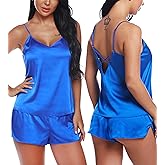 RSLOVE Women V Neck Sexy Lingerie Satin Sleepwear Pajamas Cami Shorts Set Nightwear