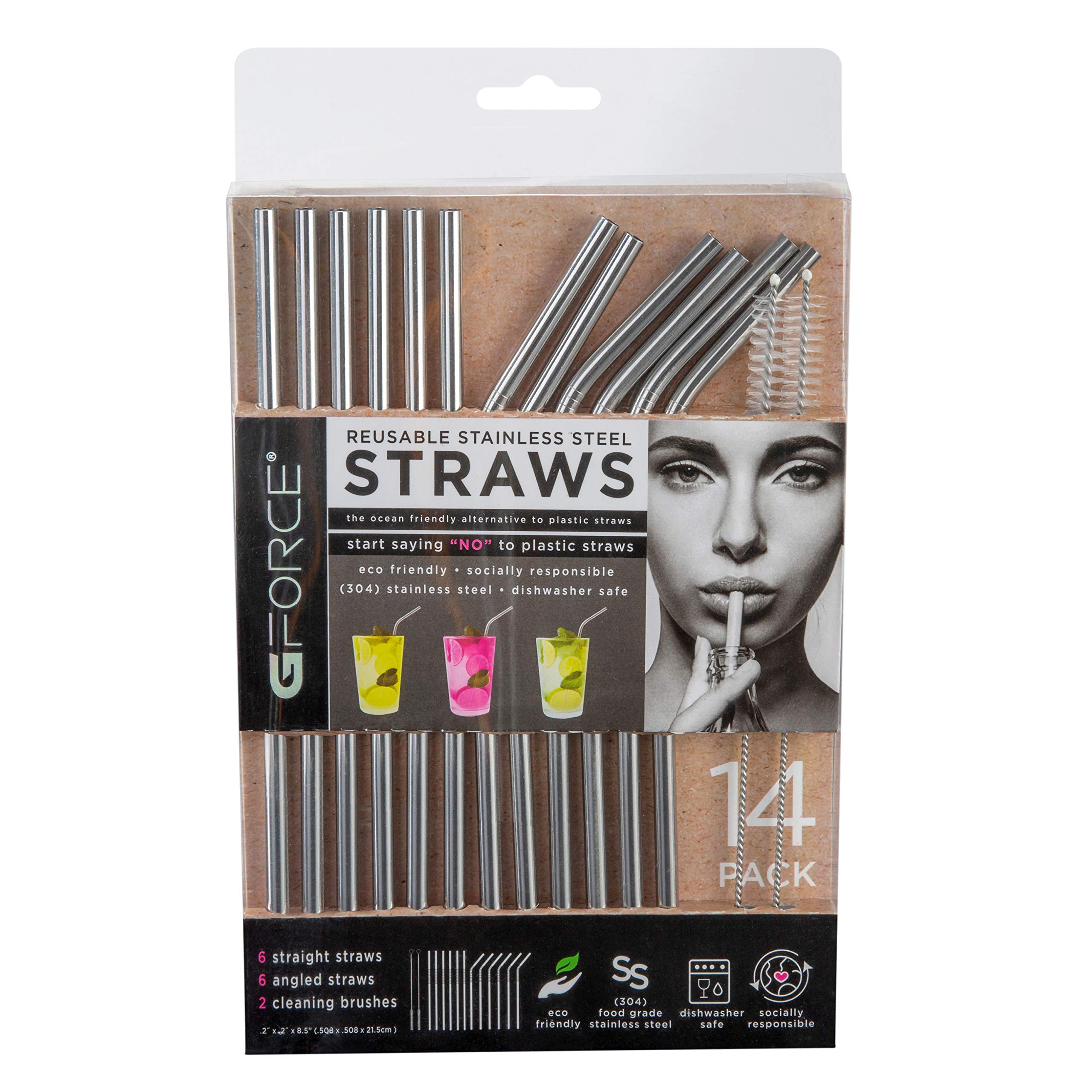 GForce Eco-Friendly Reusable Stainless Steel 14 Pack Set, Including 6 Straight, 6 Angled Straws, 2 Cleaning Brushes, Silver, Standard