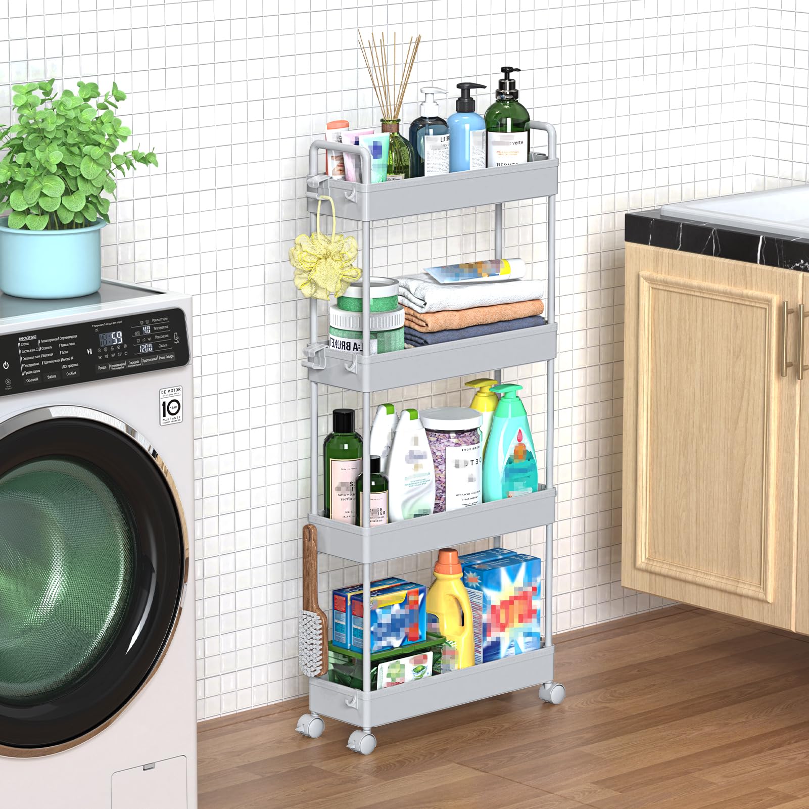 SOLEJAZZ 4-Tier Storage Trolley Cart Slide-out Slim Rolling Utility Cart Mobile Storage Shelving Organizer for Kitchen, Bathroom, Laundry Room, Bedroom, Narrow Places, Plastic, Grey