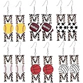 6 Pairs Mama Baseball Football Earrings for Women Lightweight Unique Wood MOM Volleyball Basketball Rugby Baseball Sport Earrings Mother’s Day Accessories Jewelry Gift