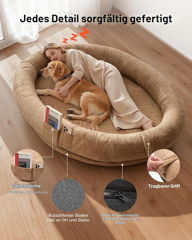 Hundebett für Menschen & Hunde, 177x123x24cm, Memory-Schaum-Hundebett in Menschengröße, mit Seitentasche, Griff & Reißverschluss, Abnehmbarer, maschinenwaschbarer Bezug, Kurzflor, braun