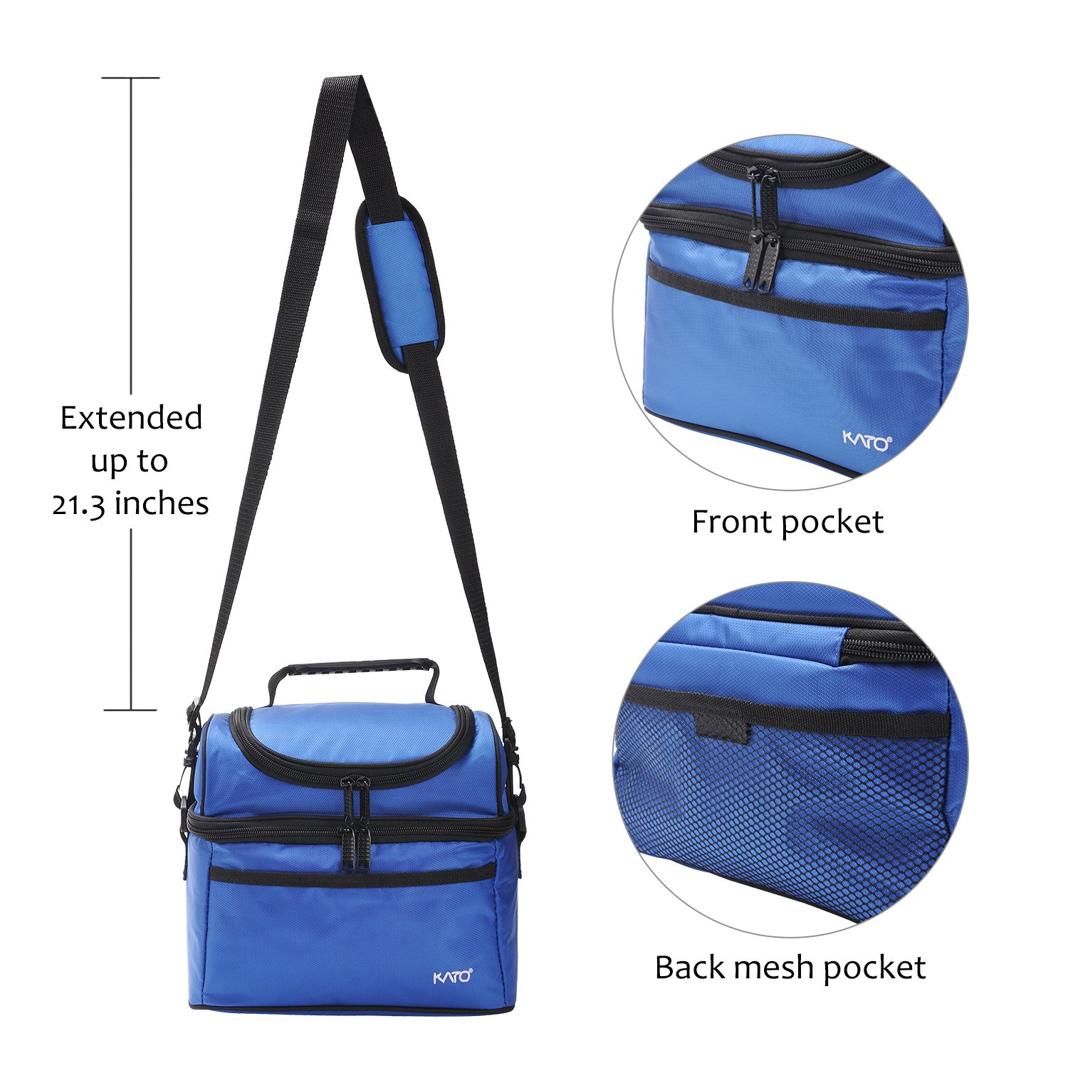 Kato Insulated Lunch Bag, Leakproof Bento Cooler Tote Lunch Box for Men and Women, Dual Compartment with Shoulder Strap, Blue