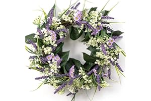 LOHASBEE Flower Wreath, 20" Artificial Lavender Greenery Wreath, Handcrafted Spring Wreath with Green Leaves for Front Door Decorations Wall Decor