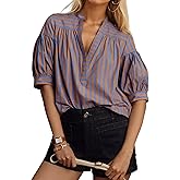 Ymejia Womens Short Puff Sleeve Striped Blouses Top V Neck Loose Fit Casual Summer Work Blouses Striped Shirt Brown