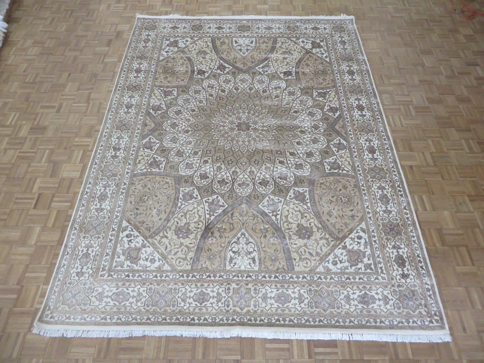 8'9 X 12 Hand Knotted Ivory Persian Tabriz Gombad With Silk Oriental Rug G4404