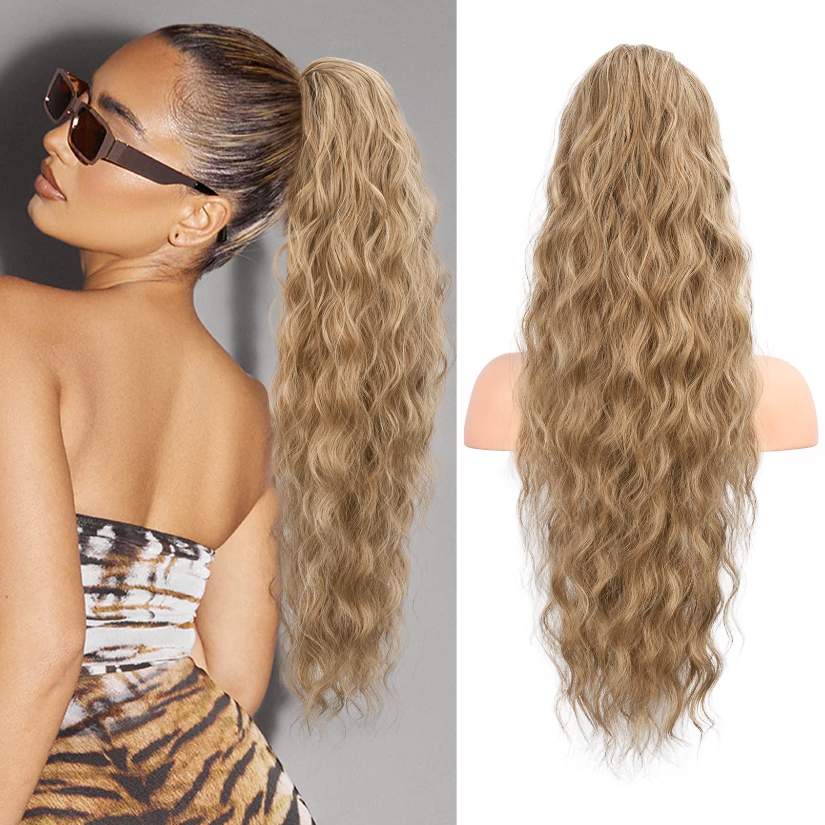 Photo 1 of Flufymooz Ponytail Extension, 26 Inch Drawstring Ponytail Hair Extensions for Women? Long Curly Wavy Pony Tail Natural Wavy Synthetic Hairpiece for Women Daily Use party (26 Inch Dark Blonde Mixed)