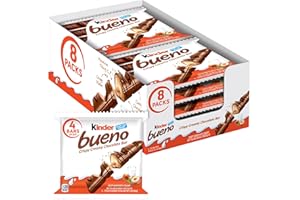 Kinder Bueno Milk Chocolate and Hazelnut Cream, Bulk 8 Pack, 4 Bars Per Pack, Individually Wrapped Chocolate Bars, 3 oz Each