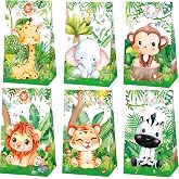 24 Pcs Jungle Animals Party Favor Bags with Stickers - Safari Goodie Bags- Zoo Animals Print Gift Treat Bags - Wedding Birthday Jungle Themed Birthday Party Supplies