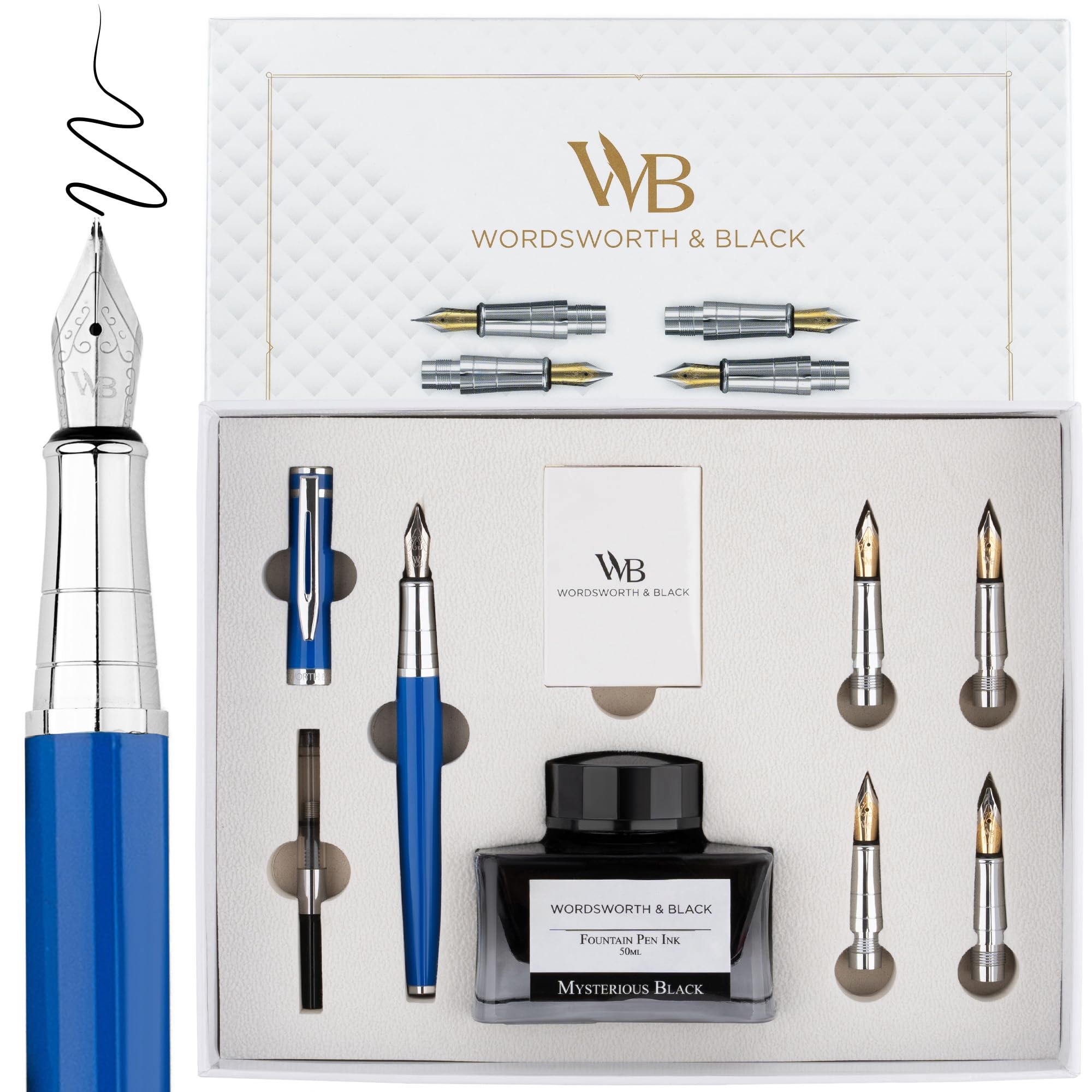 Wordsworth & Black Fountain Pen Gift Set, Includes Ink Bottle, 6 Ink Cartridges, A Refill Converter, 4 Replacement Nibs, Premium Package, Journaling, Calligraphy, Smooth Writing Pens [Blue Chrome]