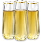 ROIMEE VONT 48 Pack Stemless Plastic Champagne Flutes Disposable 9 Oz Clear Plastic stripe Champagne Glasses Mimosa Glasses with Gold Rim Unbreakable for Party Wedding Birthday (Heavy Duty)